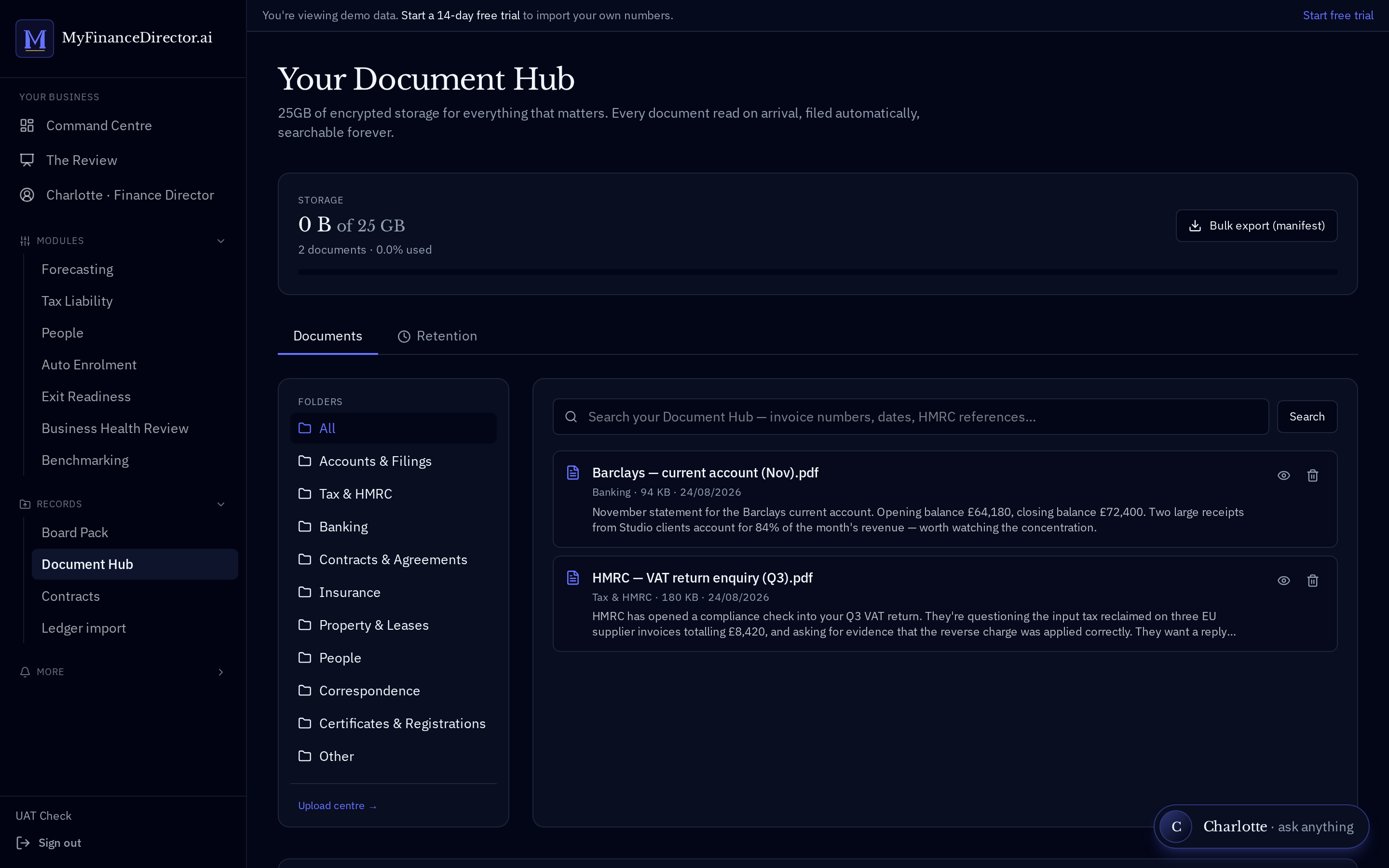 Document Hub showing an HMRC letter parsed to plain English with a draft reply
