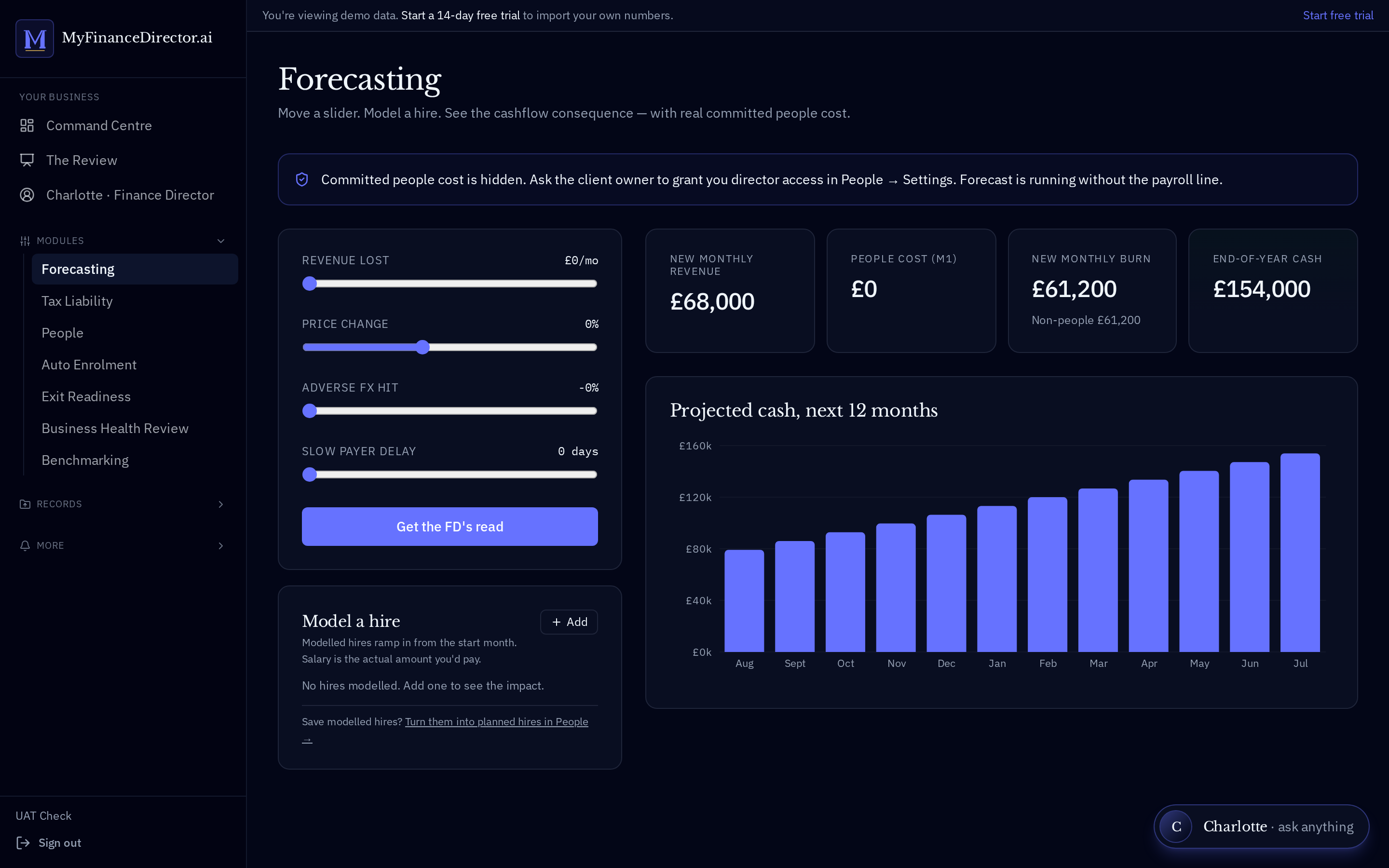 Forecasting Engine — base, growth and downside scenarios compared